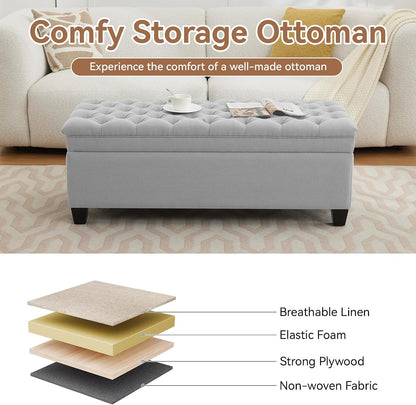 WUTUTUEE 51" Fabric Storage Ottoman Bench, Upholstered Rectangle End of Bed Storage Ottoman Tufted Living Room Bedroom Bench with Safety Hinge, Solid Wood Legs, Loads 500 lb(Light Grey)