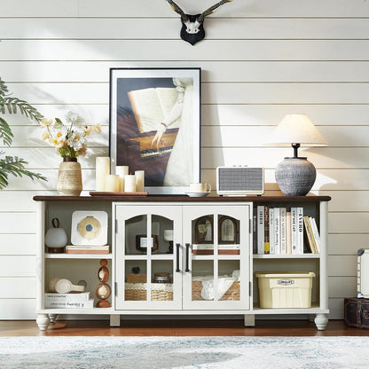 RWYHG Farmhouse TV Stand for 60 in TV, Entertainment Center for Living Room | Adjustable Shelves, Magnetic Glass Door, Sturdy Gourd Base, Wood Grain Top, High Capacity Storage Cabinet, White