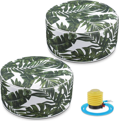 Cinnvoice 2 Pcs Inflatable Outdoor Ottoman Pouf Waterproof Round Footrest with Handle D21 x H9 Inch Indoor Outdoor Portable Footstool for Patio Garden Camping or Home Pool(Leaf)