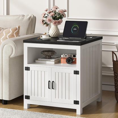 Farmhouse End Table with Charging Station, 24" Large Side Table with Open Shelf and Barn Door Storage, Wood Square Bedside Table Nightstand for Living Room, Bedroom (1, White)