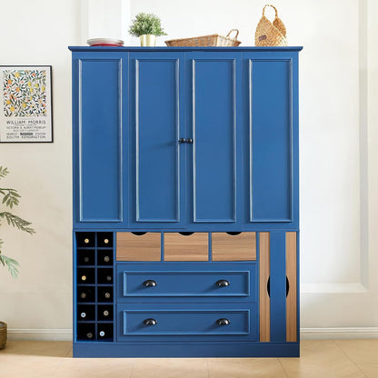 Polibi Farmhouse 71" Large Kitchen Pantry Cabinet with 4 Foldable Doors, Power Outlet, Wine Racks, Serving Trays, Adjustable Shelves & Drawers, for Dining Room Storage, Blue
