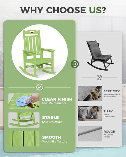 Rocking Chairs Outdoor, Oversized Patio Rocking Chair, All Weather Resistant HDPE, Heavy Duty Porch Rocker Chair with High Back Wide Arm Rest, LemonGreen