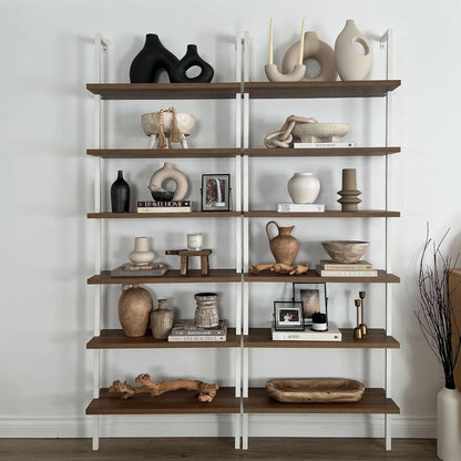 Nathan James Theo 6-Shelf Tall Bookcase, Wall Mount Bookshelf with Natural Wood Finish and Industrial Metal Frame, Rustic Oak/White, Set of 2
