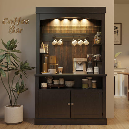 Takywep Tall Coffee Hutch with LED Lights Tall CoffeeBar Cabinet Farmhouse Buffet Cabinet with Storage Kitchen Sideboard with Microwave Stand/Wine Rack/Glass Shelf