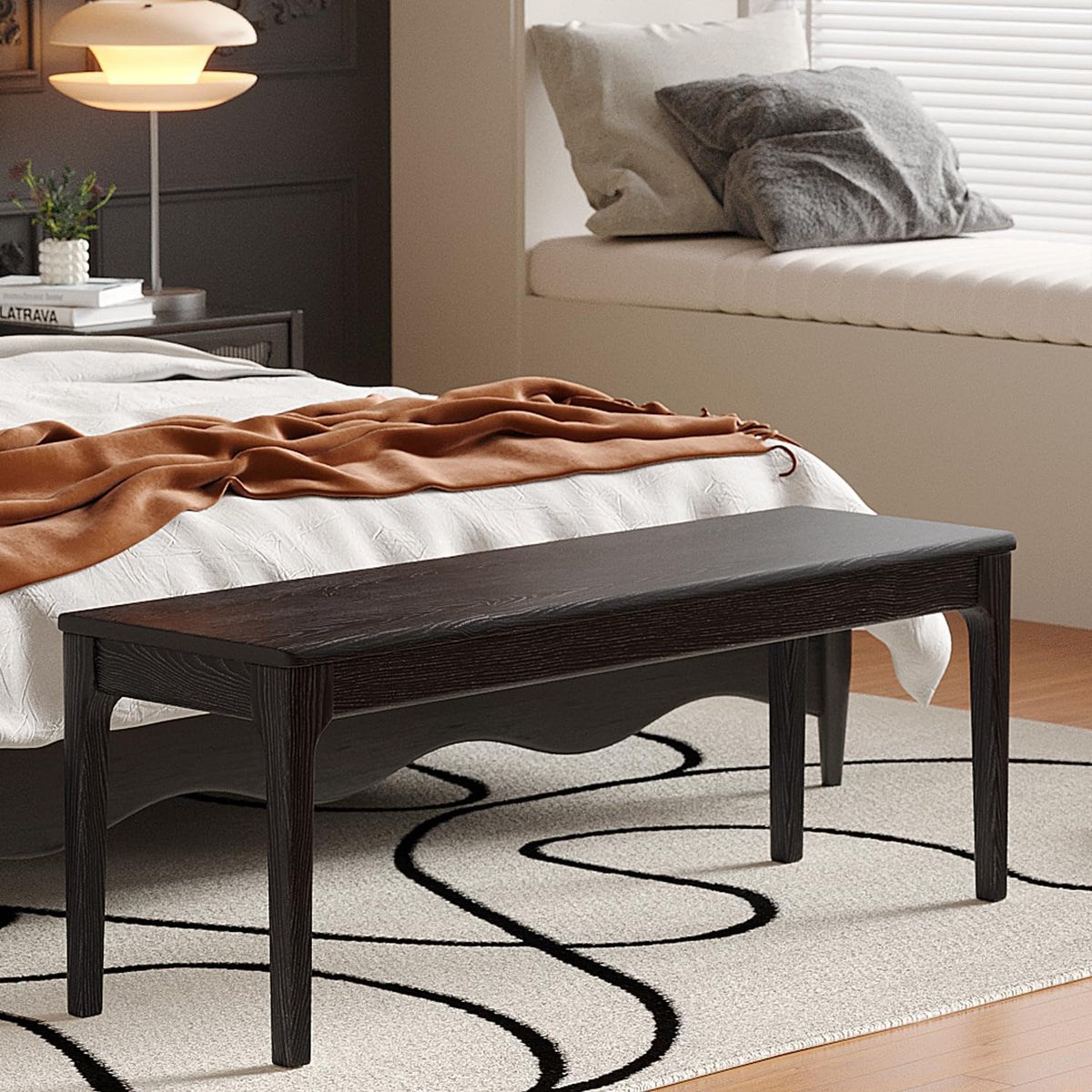 Dining Bench, Wood Bench Solid Oak Wooden Bench Indoor Dining Room Table Home Bedroom Bed End Restaurant Modern Hallway Furniture (Black, 43.3" W x 13.8" D x 17.7" H)