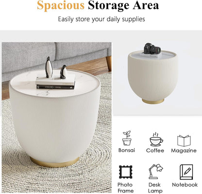 Modern Round End Table, Elegant Bowl Shaped Accent Sofa Side Table with Sintered Stone Tabletop & Pleated Leatherette Details, Small Round End Tables for Living Room Bedroom Apartment Office, White