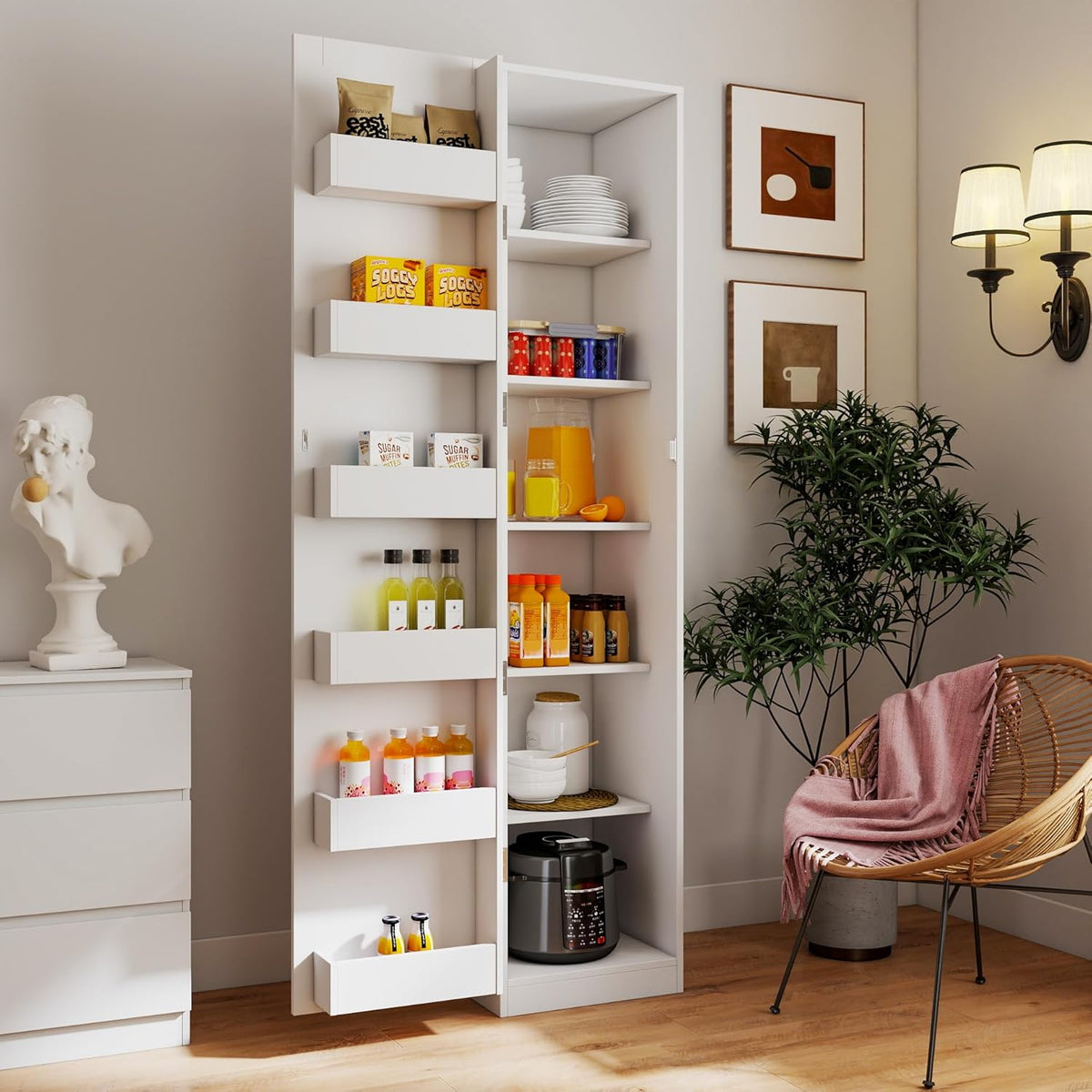 Narrow Kitchen Pantry Cabinet, 70.3" Tall Storage Cabinet with Door Racks and Adjustable Shelves, Slim Freestanding Pantry Cupboard for Kitchen, Bathroom and Small Spaces, White