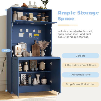 MERITLINE Compact Kitchen Pantry with Hutch and Foldable Workstation, Multifunctional 69''H Buffet Storage Cabinet with Adjustable Shelf & Power Outlet for Dining Living Room (Dark Blue)
