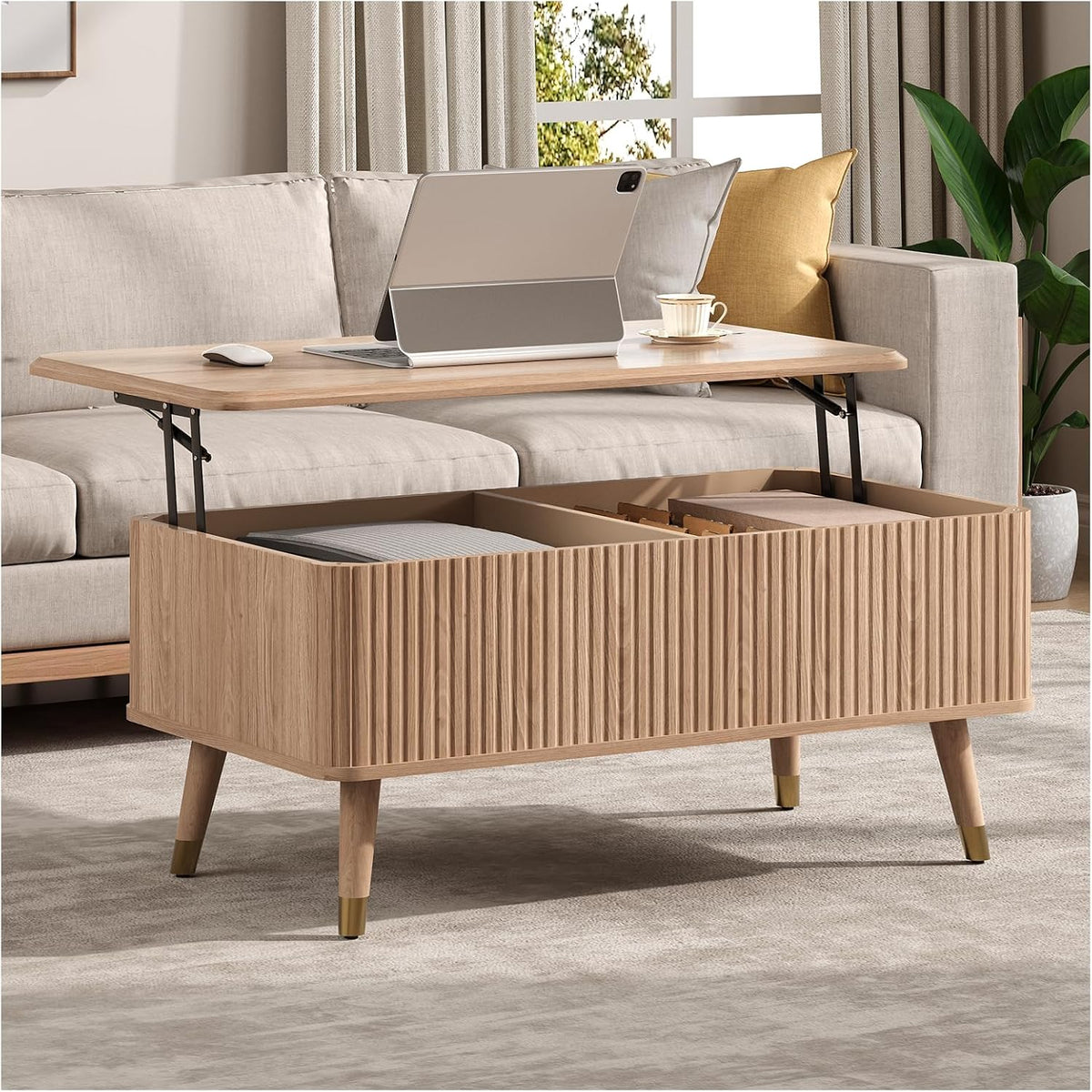 Lift Top Coffee Table with Storage, Mid Century Modern Coffee Table with Solid Wood Legs, 38" Minimalist Fluted Center Table for Living Room, Home Office, Natural Oak