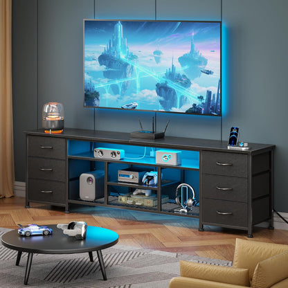 Furologee LED TV Stand for 65, 70 Inch TV, 63 Inch Entertainment Center with Power Outlets, 6 Fabric Drawers Dresser for Bedroom, Media Console with Open Shelves, PU Leather Surface, Black | TV Stand for 65, 70 Inch TV, TV Console with Power Outlets & 6