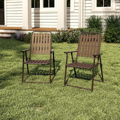 Patio Folding Chairs, Set of 2 Brown Outdoor Portable Chairs with 350 lb Capacity, Rust-Resistant Stain-Proof No Assembly Seating for Garden Balcony