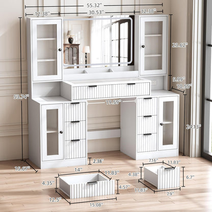 55" Vanity Desk with Mirror & Lights, Fluted Makeup Vanity with 8 Drawers & 4 Cabinets, Tempered Glass Top, RGB Cabinet Lighting, 3-Color Dimmable Mirror, and Charging Station