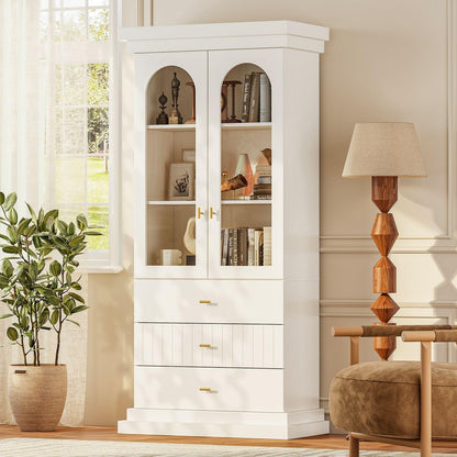 71" Arched Kitchen Modern Pantry Storage Cabinet, Tall Display Cabinet for Living Room and Dining Room with 1 Glass Door and 1 Open Shelf Cabinet with Drawers, White with Gold Handles, 2 of Set