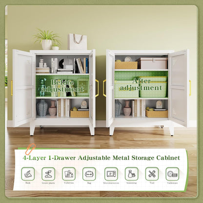 Short Storage Cabinet with 2 Doors and Adjustable Shelves, Metal Pantry Cabinets, Coffee Bar Cabinet, Kitchen Sideboard Cabinet, Small Floor Cabinet for Dining Room, Bathroom, Home Office