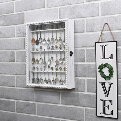 Ikee Design Wooden 30-Souvenir Spoon Display Case Cabinet, Wall-Mounted Tea Spoon Rack with Tempered Glass Door Suitable for Collection Display, Antique White Color, 13.4W x 2.6D x 15.7H in