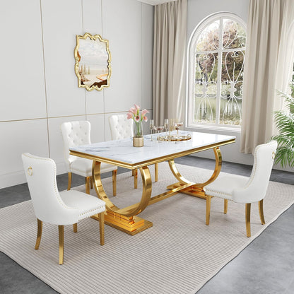 White Velvet Dining Chairs Set of 2, Mid Century Modern Kitchen & Dining Room Chairs, Fabric Tufted Dinning Chairs, Velvet Upholstered, Wing Back, Pull Ring, Stainless Steel Legs, Gold