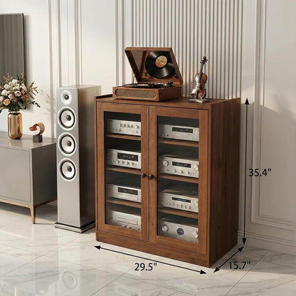 holzart Audio Stereo Cabinet with Glass Doors, 35.4" Tall Vintage AV Component Media Stand, Record Player Stand with Adjustable Shelves & Cable Management, Rustic Brown
