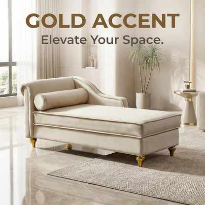 60.6''Velvet Chaise Lounge Indoor, Modern Velvet Lounge Chair with Left Armrest & Lumbar Pillow,Button Tufted Lounge Sofa with Storage for Bedroom, Living Room and Office，Beige