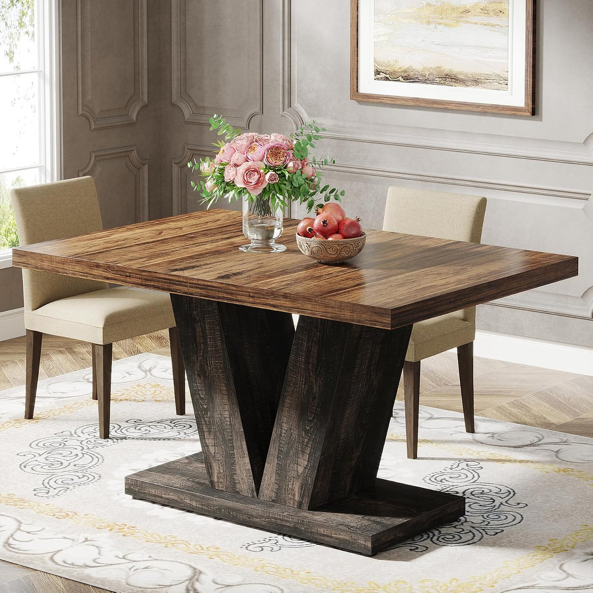 Tribesigns 47-Inch Dining Table for 4, Black Kitchen Dinner Table with Heavy Duty Pedestal, Farmhouse Wooden Eating Table for Home, Dining Room, Small Space, Black & Brown
