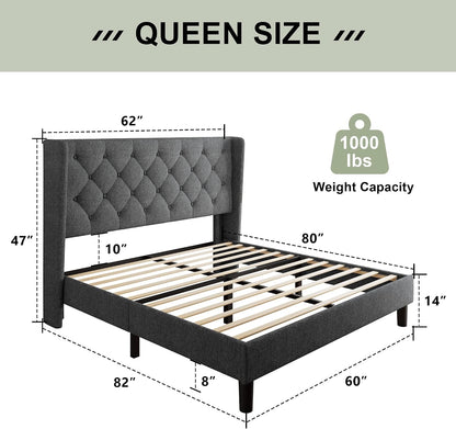 Feonase Queen Size Bed Frame with Diamond Tufted Wingback Headboard, Morden Upholstered Platform Bed, Sturdy Wooden Slats Support, Noise-Free, No Box Spring Needed, Easy Assembly, Dark Gray