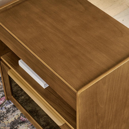 Mid Century Modern Nightstand with Charging Station & Outlet Hole & 2 Drawers, Farmhouse End Table with Open Shelf & Glass Drawer Dresser, Side Cabinet for Living Room,for Small Spaces