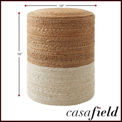 Casafield Hand-Braided Jute Pouf Ottoman Footrest, 14" W x 14" D x 16" H - Round, Natural Boho Home Decor, Woven Accent Footstool for Living Room