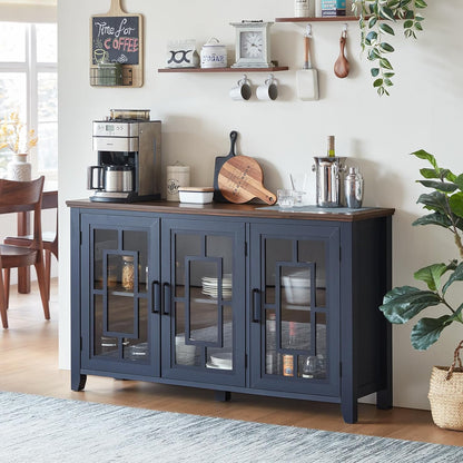 Joaxswe Large Sideboard Buffet Cabinet with Storage, 55" Farmhouse Kitchen Coffee Wine Bar Cabinet with 3 Glass Doors, Wood Mid Century Modern Side Board Table for Dining Room, Living Room,Navy Blue