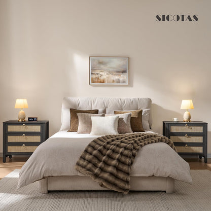 SICOTAS Rattan Nightstand Set of 2 with Drawers, Boho Large Bedside Tables | Wide Night Stand Set of 2 with 3 Drawers, Bedside Tables for Bedroom, Guest Room, Apartment, and Dorm Room, Bedroom Storage