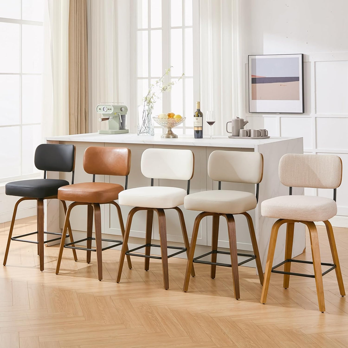 Swivel Bar Stools Set of 3, 26" Counter Height, Black | Walnut Wood Legs, Upholstered Seat, Supportive Backrest, Easy-Clean Faux Leather, Mid-Century Modern, 4-Inch Cushion