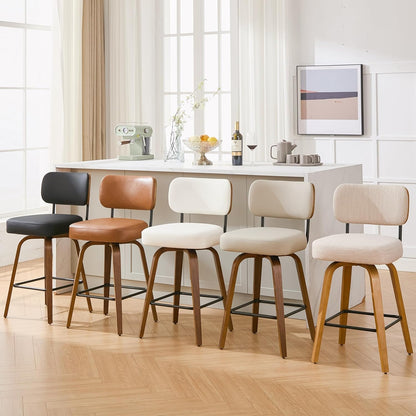 Swivel Bar Stools Set of 3, 26" Counter Height, Black | Walnut Wood Legs, Upholstered Seat, Supportive Backrest, Easy-Clean Faux Leather, Mid-Century Modern, 4-Inch Cushion
