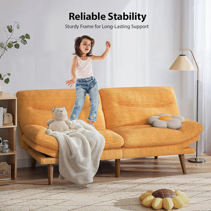 Pipishell Futon Sofa Bed, Modern 66" Futon Couch Convertible to Bed & Lounger, Compact Size, Corduroy Loveseat, Durable Construction - Fits Small Spaces, Apartments,Study Room (Yellow, 66 Inch)