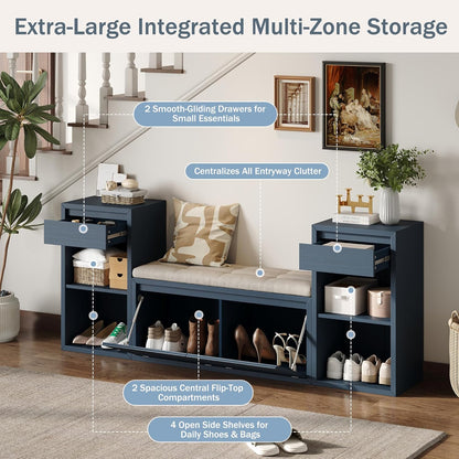 All in One Entryway Shoe Storage Bench with Cushion, Compartments, Drawers, Open Shelves for Hallway, Mudroom, Living Room Antique Navy