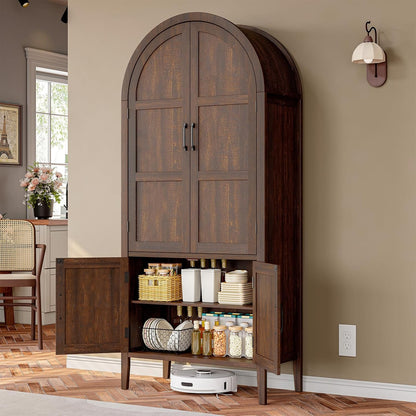 ONBRILL 71" Tall Wooden Arched Cabinet, 5-Tier Arched Kitchen Pantry Cabinet with Doors & Shelves, Farmhouse Kitchen Arch Cabinets with Adjustable Feet, Wooden Pantry Storage for Dining Room(Brown)