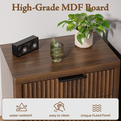 23" Wide Fluted Nightstands Set of 2, Bedroom End Table | Modern Nightstand, Metal Handle, Large Storage Bed Side Table for Bedroom, Living Room, Office, Walnut
