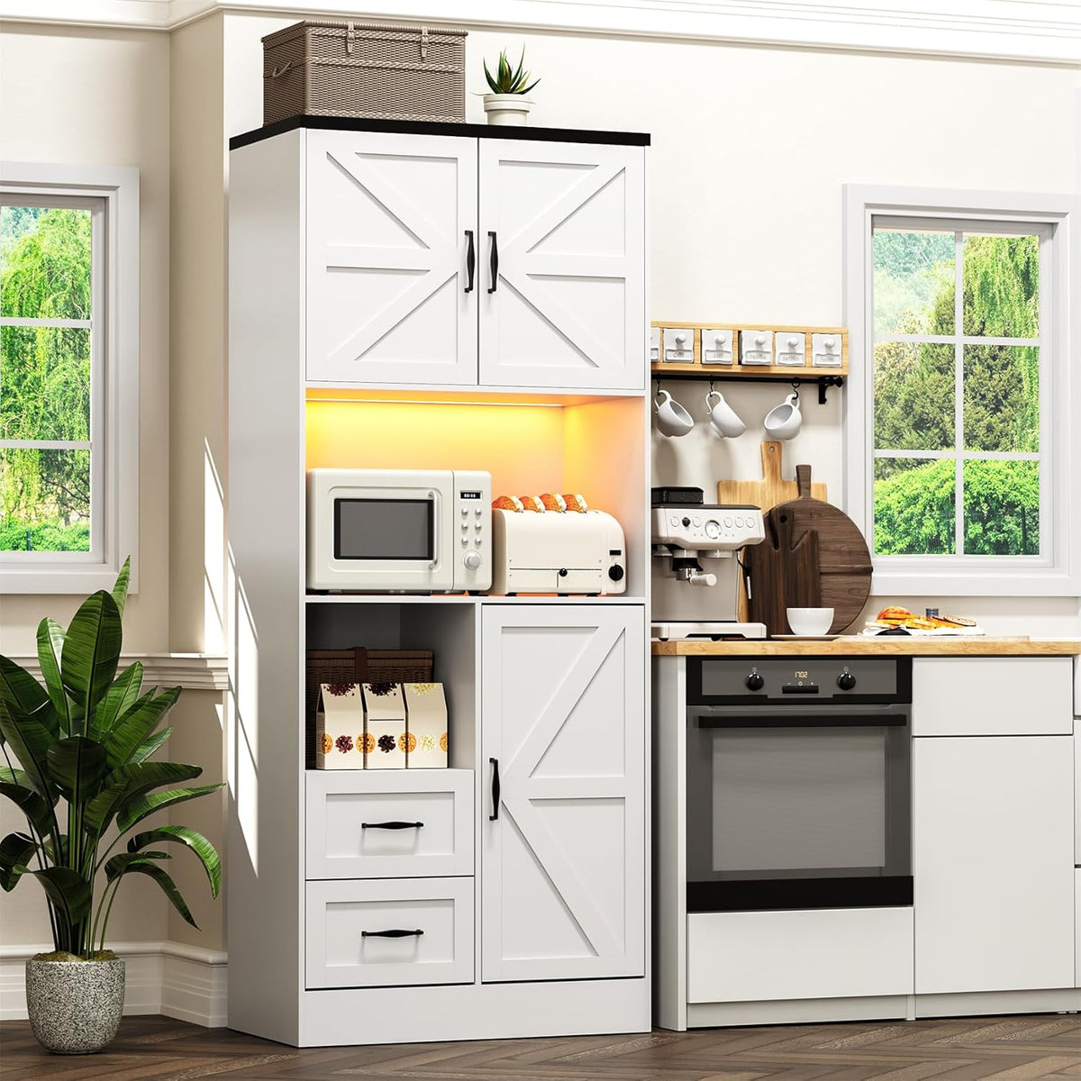 Kitchen Pantry Storage Cabinet with LED Lights and Power Strip, Tall Farmhouse Kitchen Pantry with Barn Doors and Drawers, Adjustable Shelves for Dining Living Room (White)