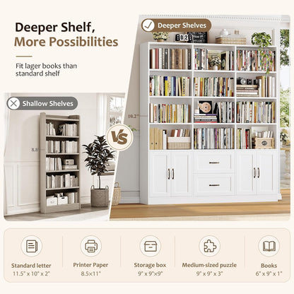 HOSTACK 71" Tall Triple Wide Bookshelf with Storage Drawers & Doors, White