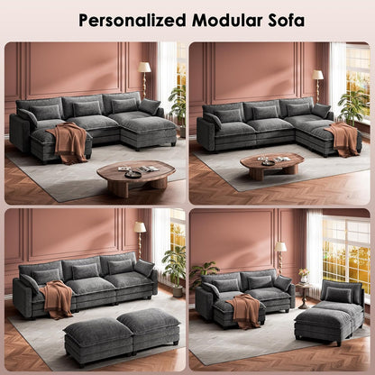 Marsail 110.6" Modular Sectional Sofa, 5-Seat Chenille Couch with Deep Seat, Ottoman & Throw Pillows, U-Shaped Couch for Living Room, Grey