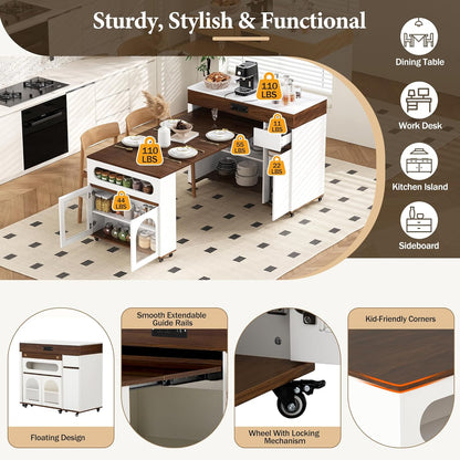 Extendable Dining Table with Extra-Long Folding Top, Rolling Kitchen Island with Storage Cabinet, Drawer, Glass Doors, Power Outlet and Brake Lock, Walnut/Creamy White