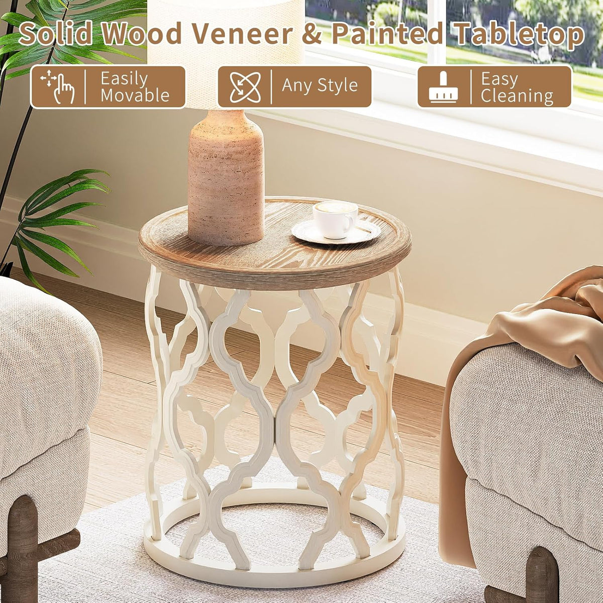 karlott Farmhouse End Table, 18.5'' French Country Round Side Table, Distressed Tray Top Side Table with Curved Motif Frame Base for Boho, End Tables Living Room, Bedroom, Small Space, Cream Beige
