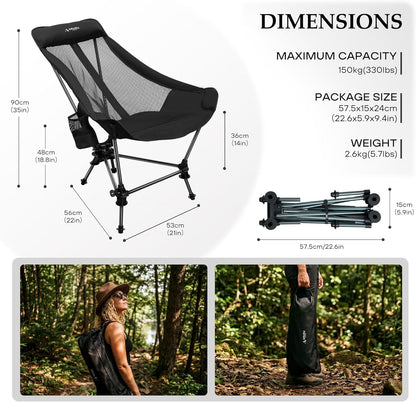 Hammock Camping Chair, Lightweight Folding Beach Lounge Chair with Adjustable Height Legs, Mesh Portable Swing Camp Chair with Cushioned Head Pillow & Armrests for Camping Beach Hiking