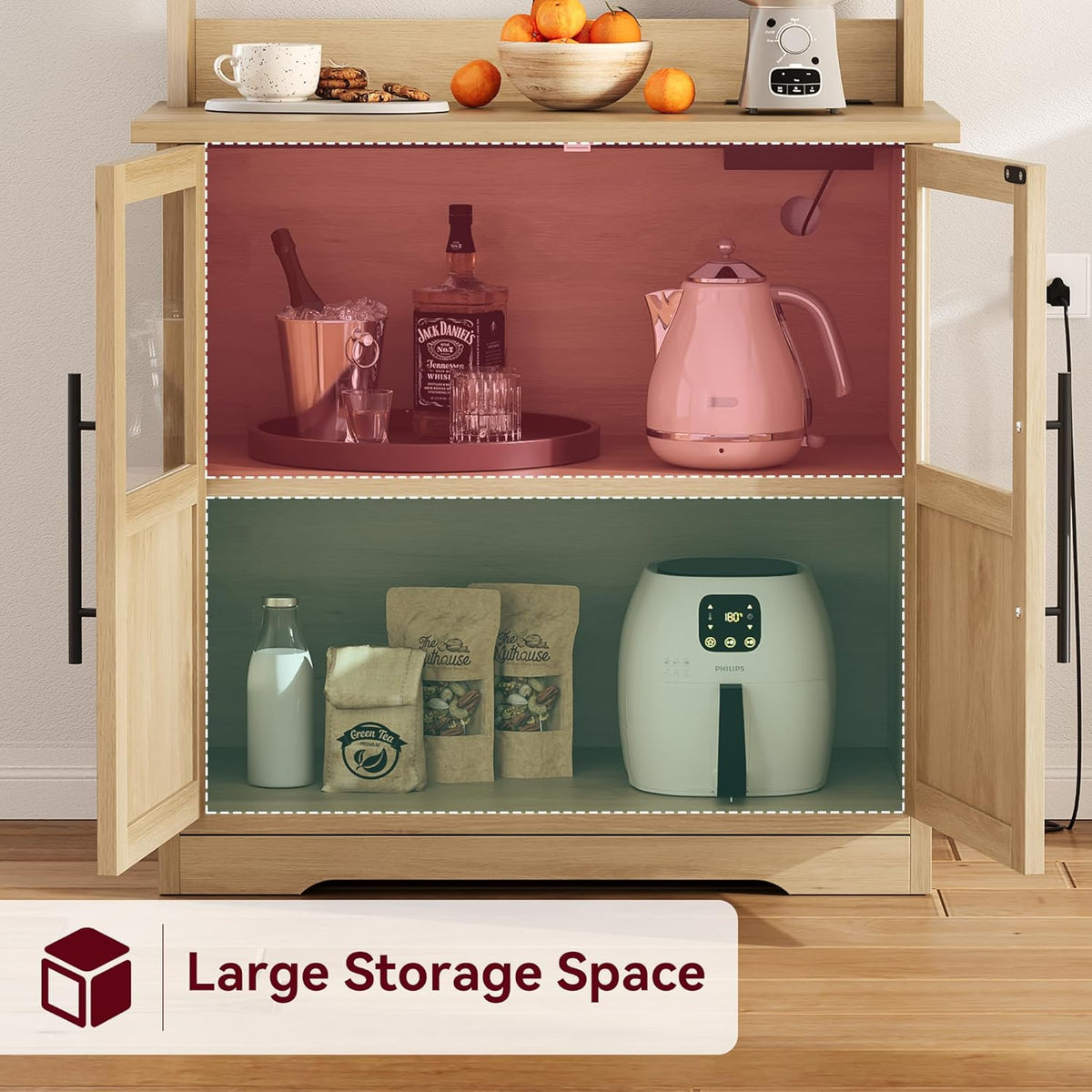 IDEALHOUSE Bakers Rack with Storage Cabinet, Microwave Stand with Power Outlets, Farmhouse Bakers Rack with Thick Table Top, Small Kitchen Bakers Rack for Kitchen,Dining Room,Peer Wood