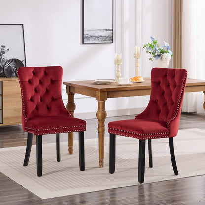 KEIKI Tufted Dining Room Chairs Set of 2, Velvet Kitchen Nailhead Trim Chairs with Solid Wood Legs and Padded Seat, Burgundy