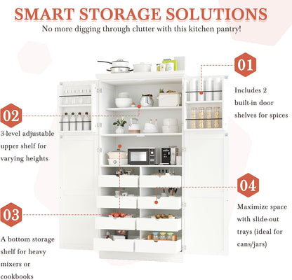 LUMISOL Kitchen Pantry Cabinet, 70.9" Tall Cupboard Storage Cabinet with Adjustable Shelves and Door Shelves, Freestanding Kitchen Hutch with 8 Pull-Out Trays for Dining Room Living Room, White