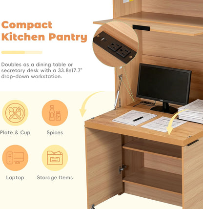 69" Compact Kitchen Pantry with Power Outlet, Freestanding Wooden Kitchen Organizers Storage Cabinet with Hutch and Foldable Workstation, Pantry Buffet with Adjustable Shelf for Dining Room, Natural