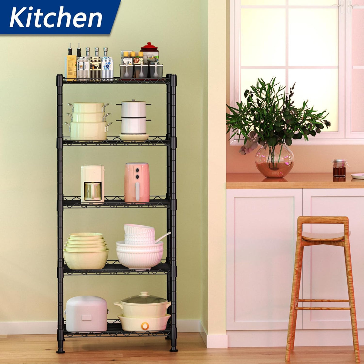 REGILLER 5-Wire Shelving Metal Storage Rack Adjustable Shelves,Standing Storage Shelf Units for Laundry Bathroom Kitchen Pantry Closet(Black,11.8" D x 16.6" W x 53.5" H)