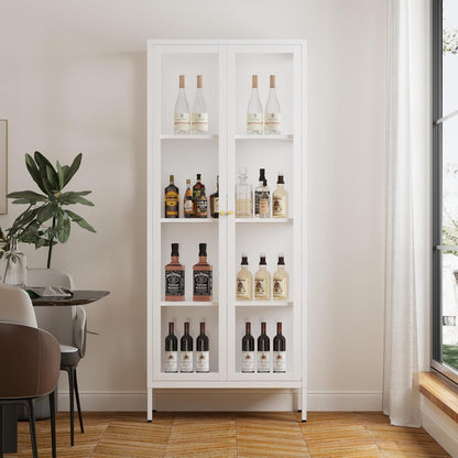 Glass Display Cabinet, 66" Tall Metal Storage Cabinet with Doors and Adjustable 3 Shelves, White Curio Glass Showcase, Pantry Storage Cabinet, Large Display Case for Living Room, Hallway, Kitchen
