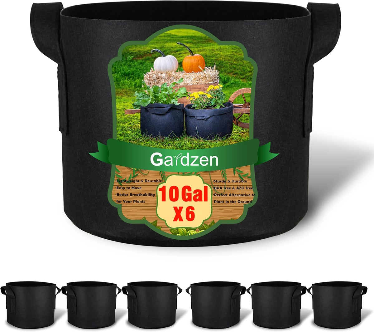 Gardzen 6-Pack 10 Gallon Grow Bags, Aeration Fabric Pots with Handles, Heavy Duty Cloth Pots for Plants