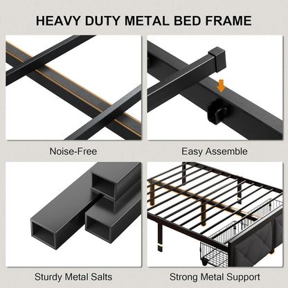 Einhomn Queen Bed Frame with 2 Storage Drawers, Metal Platform Bed with Charging Station, Upholstered Button Tufted Storage Headboard, No Box Spring Needed, Easy Assembly, Noise-Free, Grey