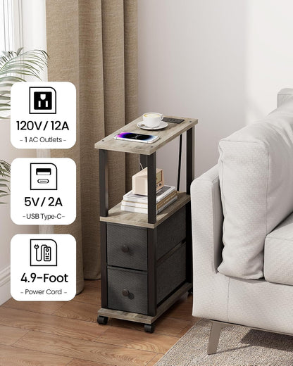 TUTOTAK Small Narrow End Tables, LED Side Tables with 2 Fabric Drawers, Set of 2, Bedside Tables with Charging Station for Small Spaces, Slim Nightstands with USB Ports and Wheels, TB01BG053L