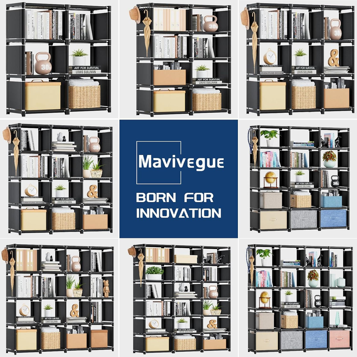 Mavivegue Bookcase, 18-Cube Extra Large Book Shelf, DIY Cube Storage Organizer for Bedroom, Living Room, Home Office - Black